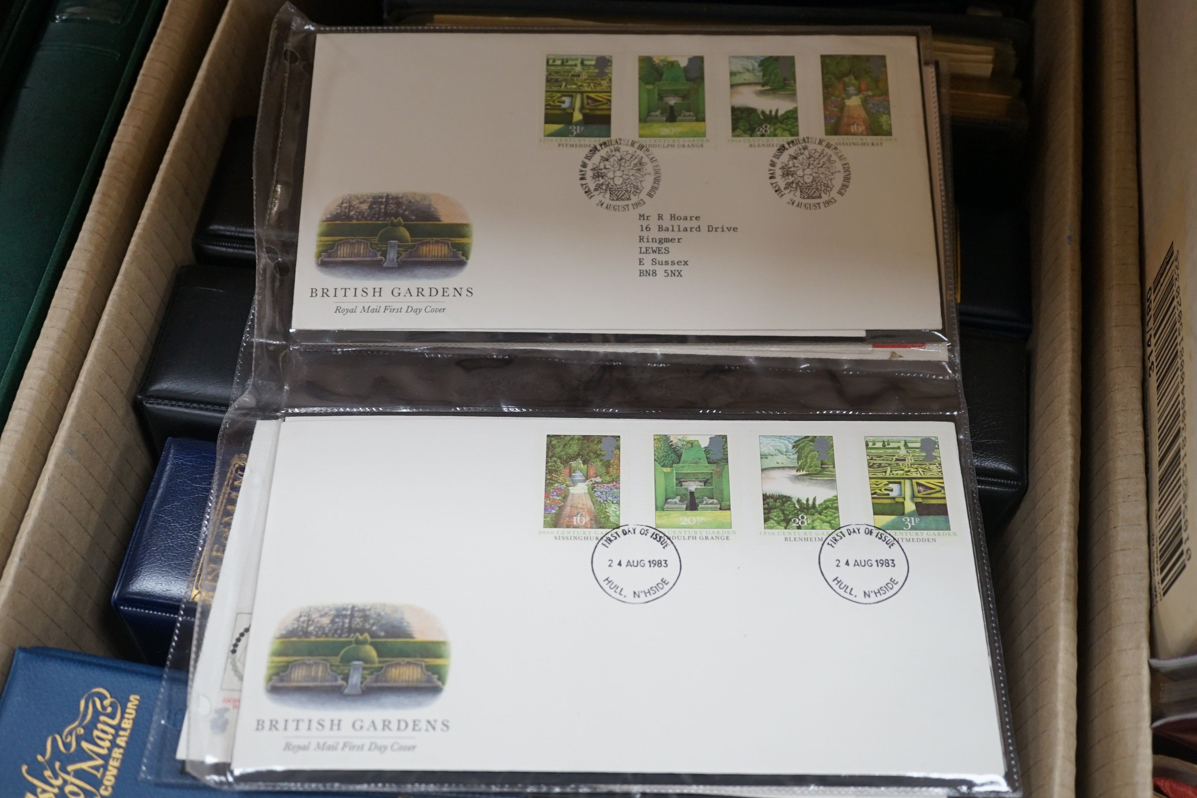 Three boxes of stamps in albums, GB Channel Islands, Isle of Man, mint stamps and FDC’s